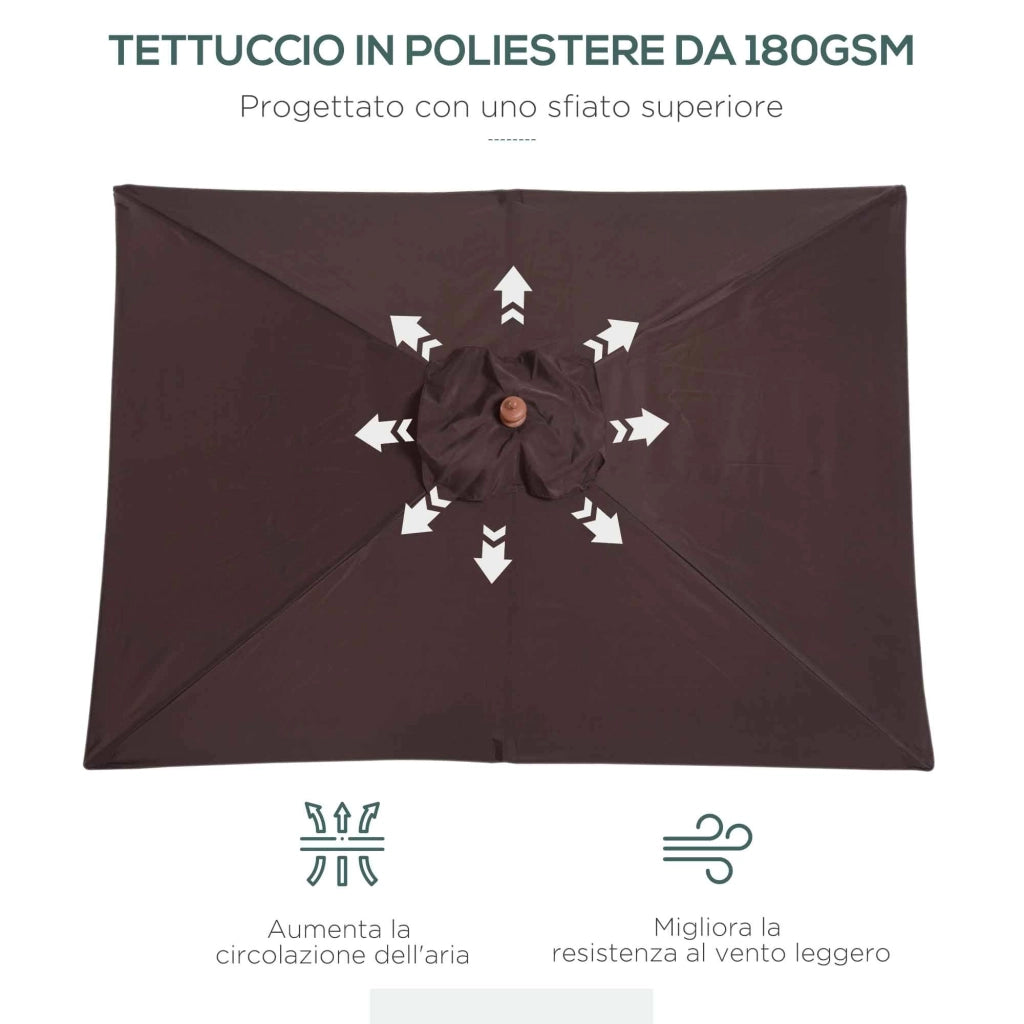 Ombrellone da Giardino Rettangolare Inclinabile 200x150x235H cm Apertura a Corda Caffè
