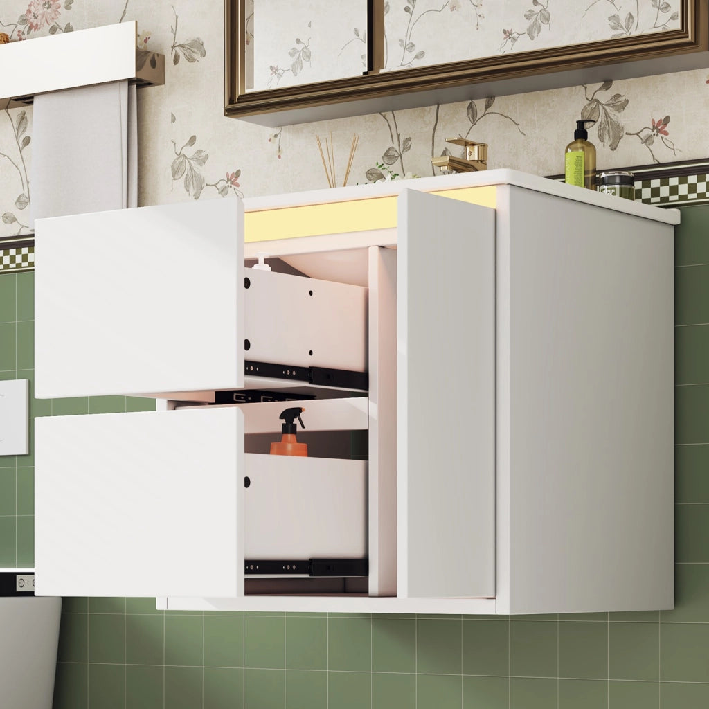 Mobile sottolavabo con 2 cassetti, 1 armadietto, LED a sensore e lavabo integrato per bagno, bianco 61 × 46,5 × 57 cm
