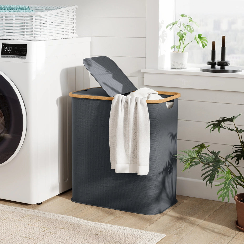 Cestino bucato doppio pieghevole 80 L ¨C zephmum ¨C grigio con coperchio