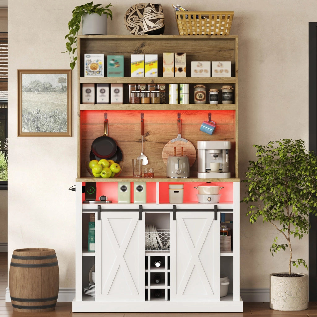 Hochschrank da cucina con LED, prese USB, ripiani aperti, ganci e vetrina 110x40x191 cm