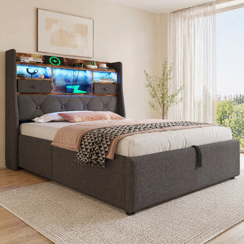 Letto imbottito 90x200 cm con contenitore idraulico, LED e prese USB/Type-C, con materasso, grigio