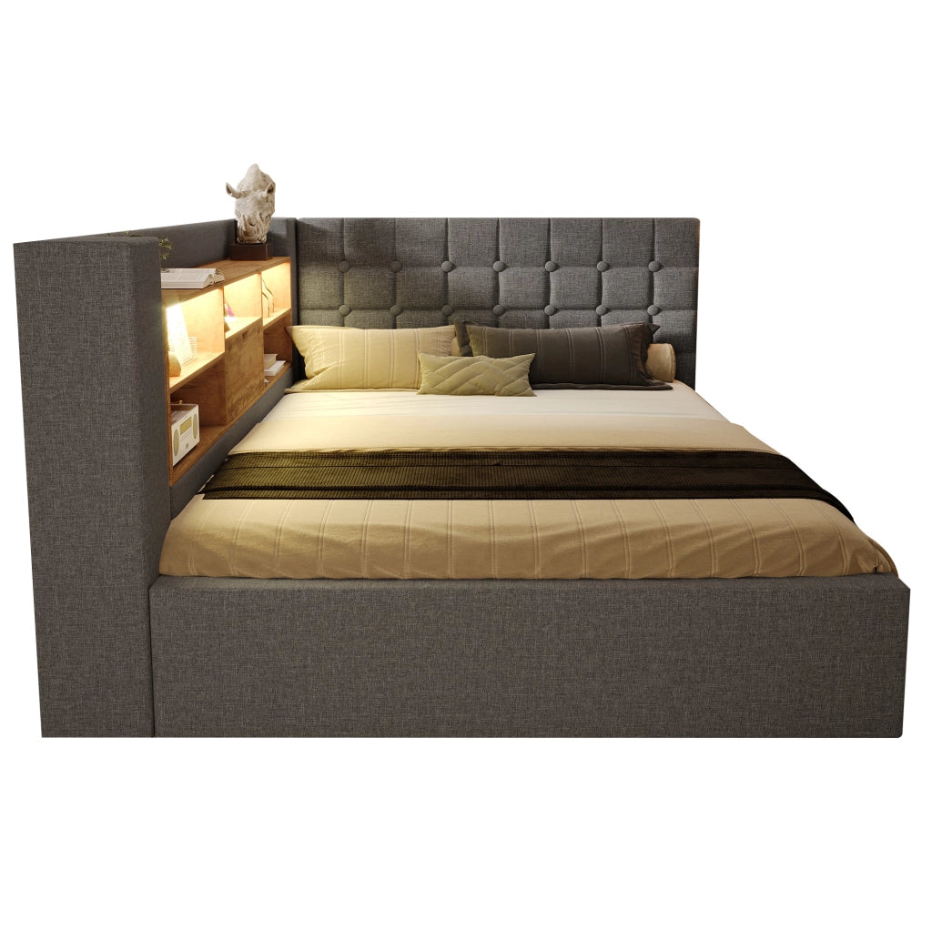 Letto matrimoniale 140x190 cm in tessuto grigio con LED; USB e contenitore idraulico