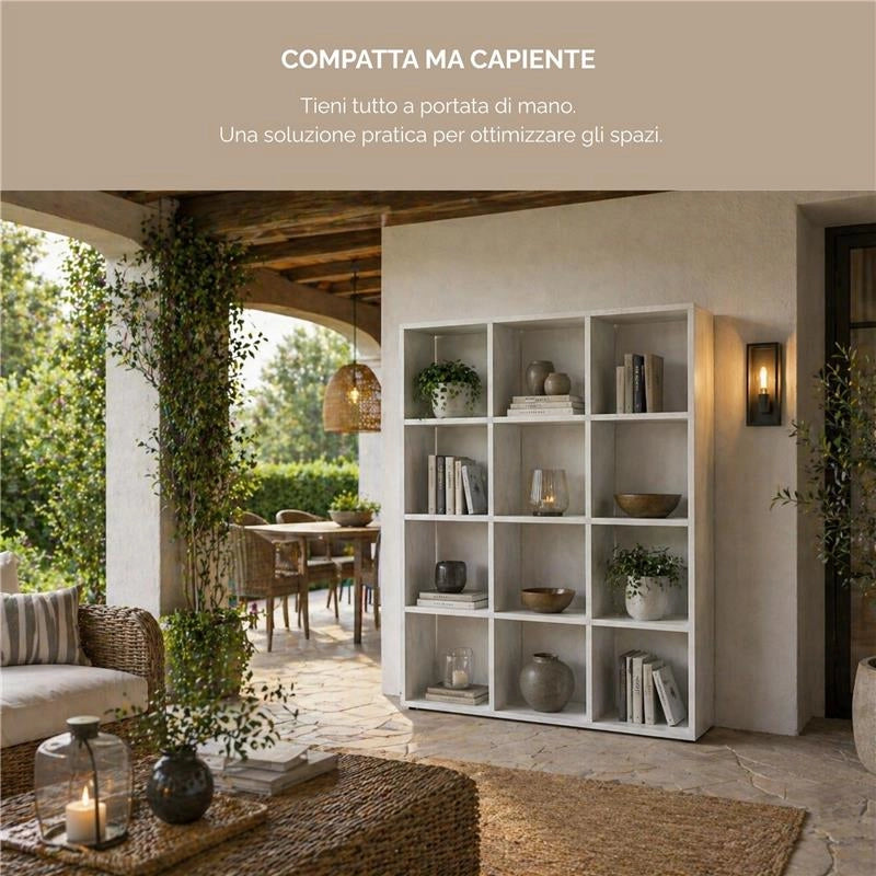 LIBRERIA CUBICA IN LEGNO BIANCO MODERNA CON 12 RIPIANI DIMENSIONI 90X24X130 CM