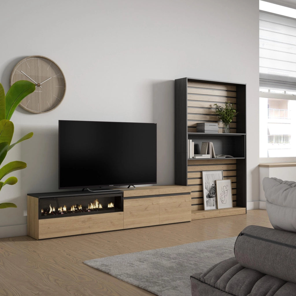 Mobile TV, Soggiorno, 310x35x186cm, Per TV fino a 80", Camino elettrico, colore Rovere e nero RF2865
