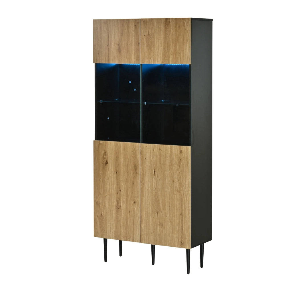Vetrina con 2 ante e 10 vani; LED - per soggiorno - 80x35x180 cm - nero e naturale