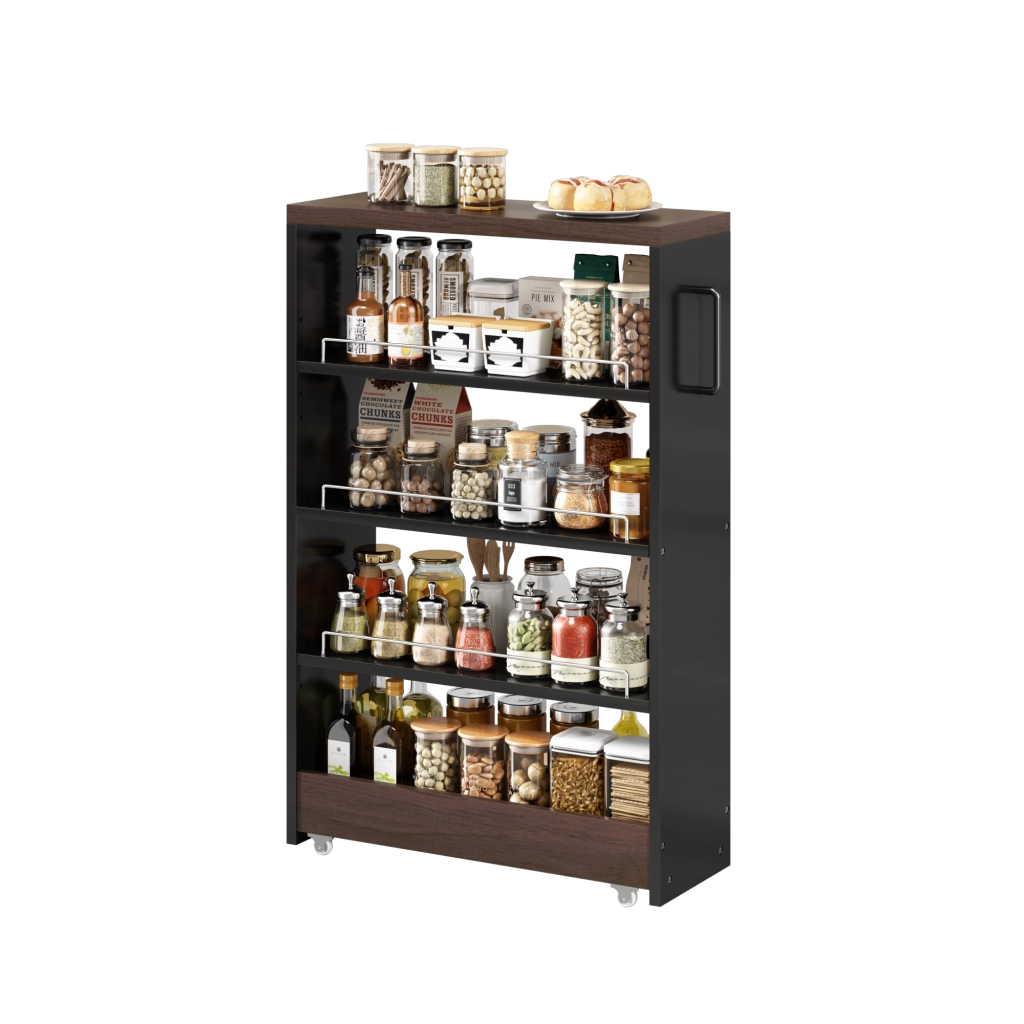 Carrello contenitore mobile con 4 ripiani regolabili in MDF nero e marrone
