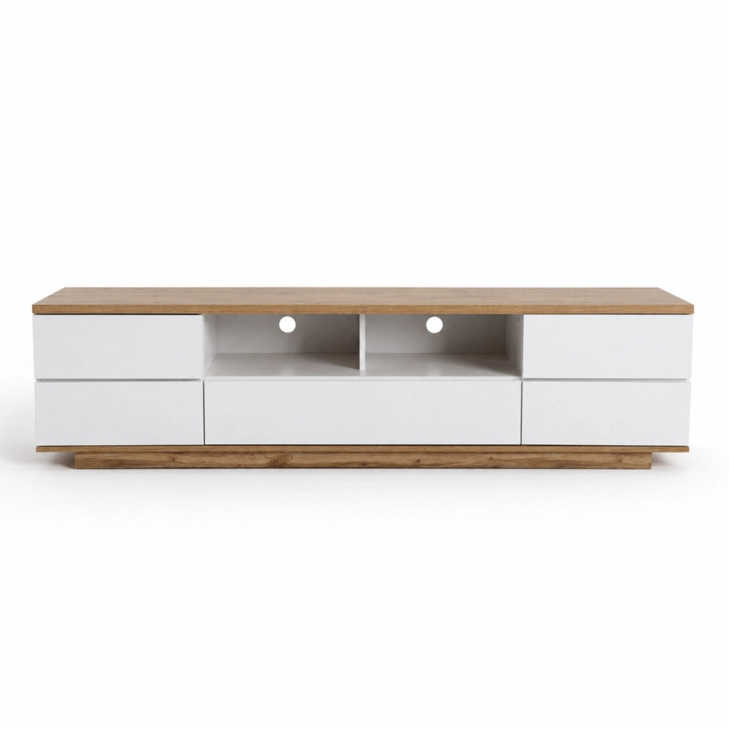Mobile TV Con 4 Ante Anta A Ribalta 2 Vani A Giorno Passacavi In MDF Resistente Mobile Basso Per Soggiorno Living Salotto Moderno E Organizzato 180 x 38 x 46 Cm Bianco E Rovere