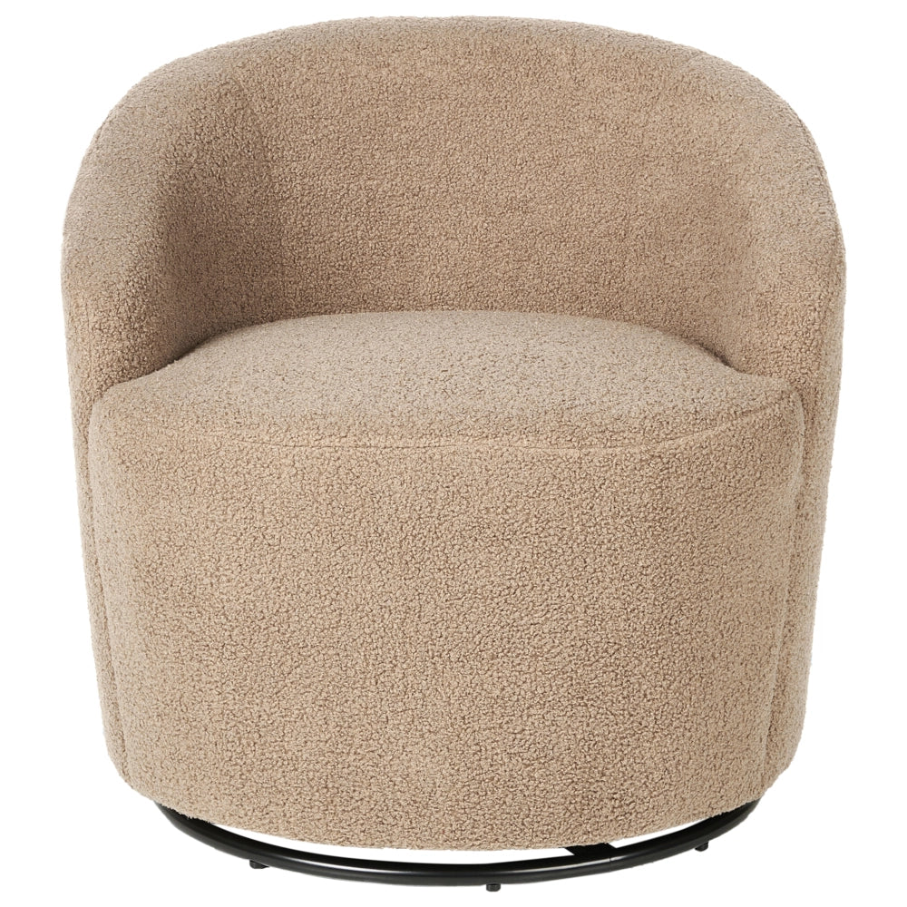 Poltrona con schienale curvo in tessuto bouclé tortora base girevole 360° Art Deco dorato