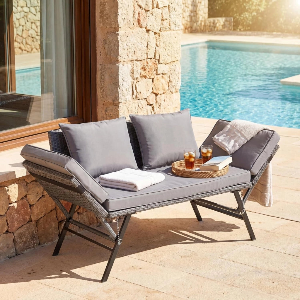 Panchina da giardino in polyrattan con funzione sdraio, 2 posti, divano da giardino in rattan con braccioli regolabili, terrazzo, divano da balcone resistente alle intemperie, colore: grigio