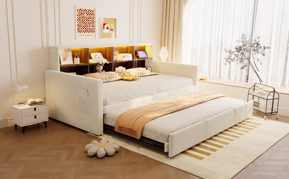 Letto pieghevole imbottito con LED e USB 90x190 cm velluto beige