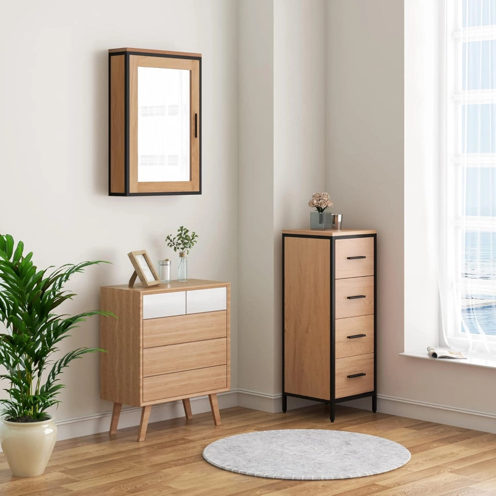 Cassettiera da Bagno con 4 Cassetti, Mobiletto Salvaspazio in Legno e Metallo, Armadietto da Terra Multiuso, Marrone e Nero, 30x30x82 cm