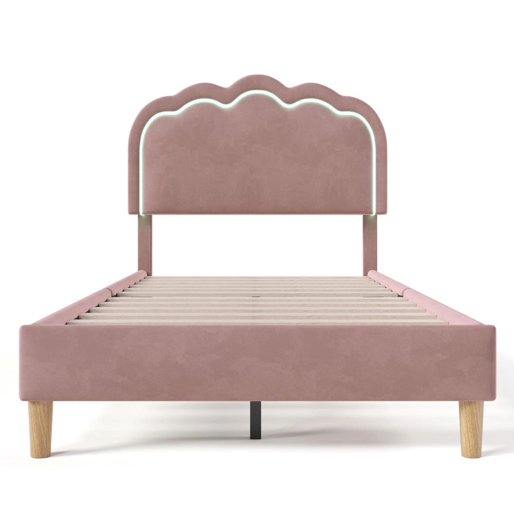 Letto Imbottito Singolo con Testiera Regolabile LED ¨C MINIMAL ¨C Velluto Rosa 90x200