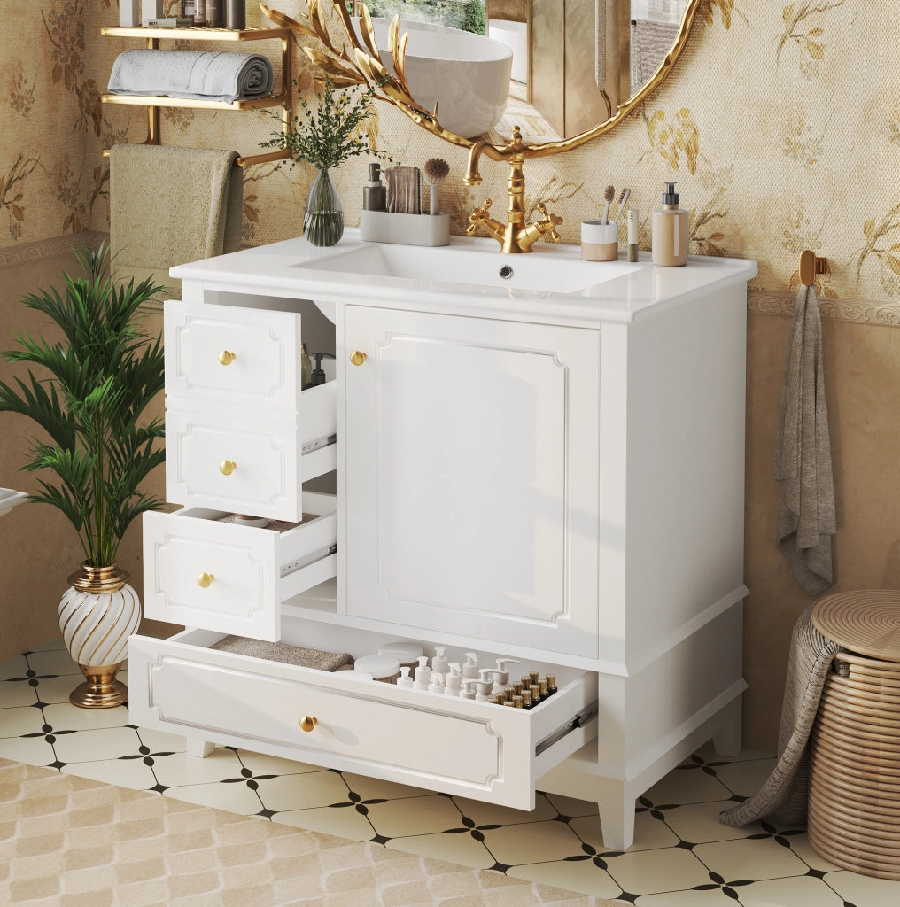 Mobile lavabo bagno 76,5 cm con lavabo in ceramica e maniglie oro