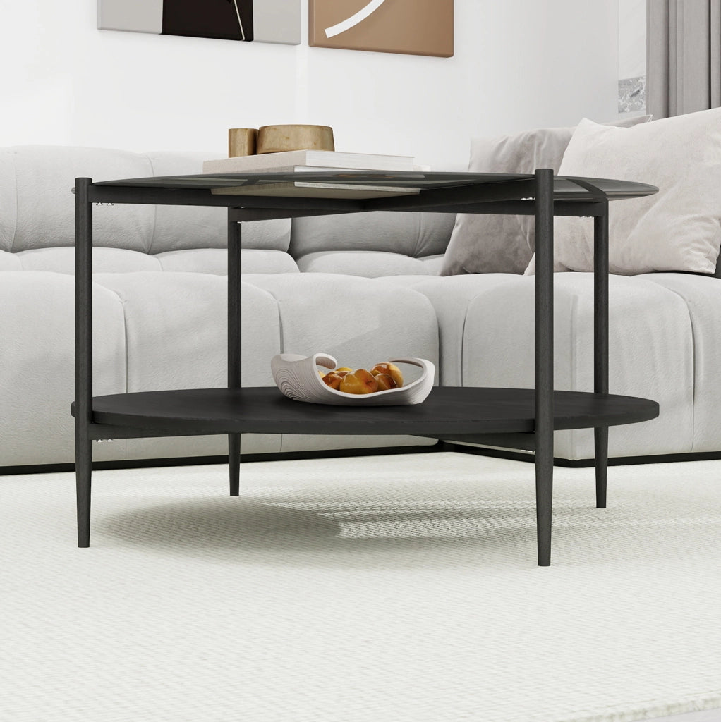 Tavolino da caffè rotondo 2 ripiani vetro nero Ø82 cm