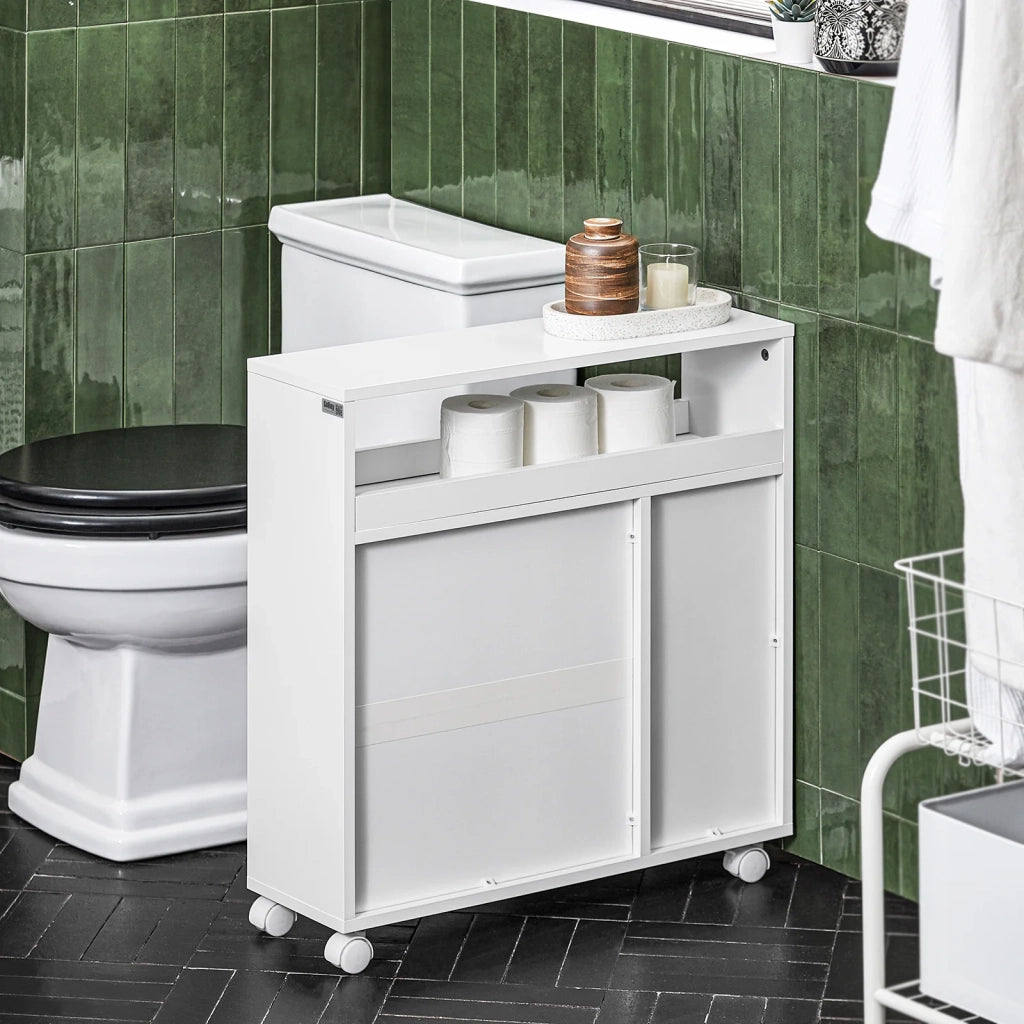 Mobile Nicchia Con Ruote Carrellino Salvaspazio Con Due Ante Scorrevoli In Rattan Mobile Bagno Bianco 20x65x70cm BZR119-W SoBuy