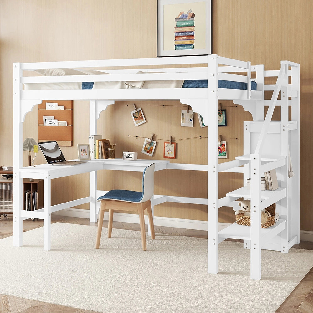 Letto per bambini con scrivania a L - Xylo - 140x200 cm - Bianco - Elegante in pino con scaffale aperto
