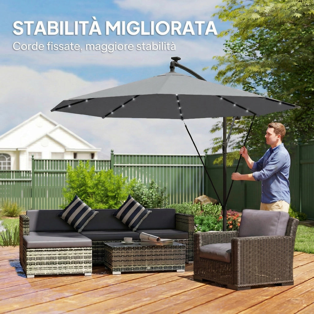 Ombrellone a Sbalzo 3 m con Luci LED Solari, da Giardino, Colore Grigio