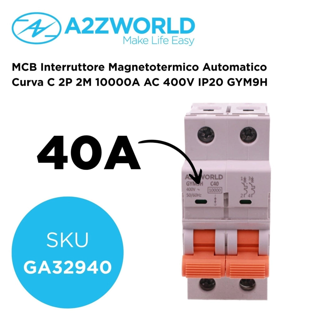 MCB Interruttore Magnetotermico Automatico Curva C 2P 2M 10000A AC 400V IP20 GYM9H, Accoppiabile Con Bobina di Sgancio GA01231 GA01232, Disponibili 25A 32A 40A 63A (C40A)