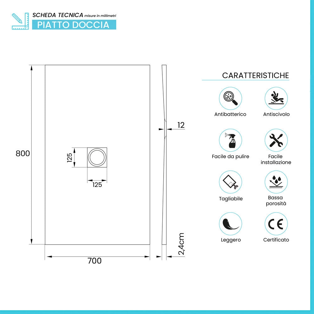 Piatto doccia 70x80 in marmoresina effetto pietra grigio riducibile Ten