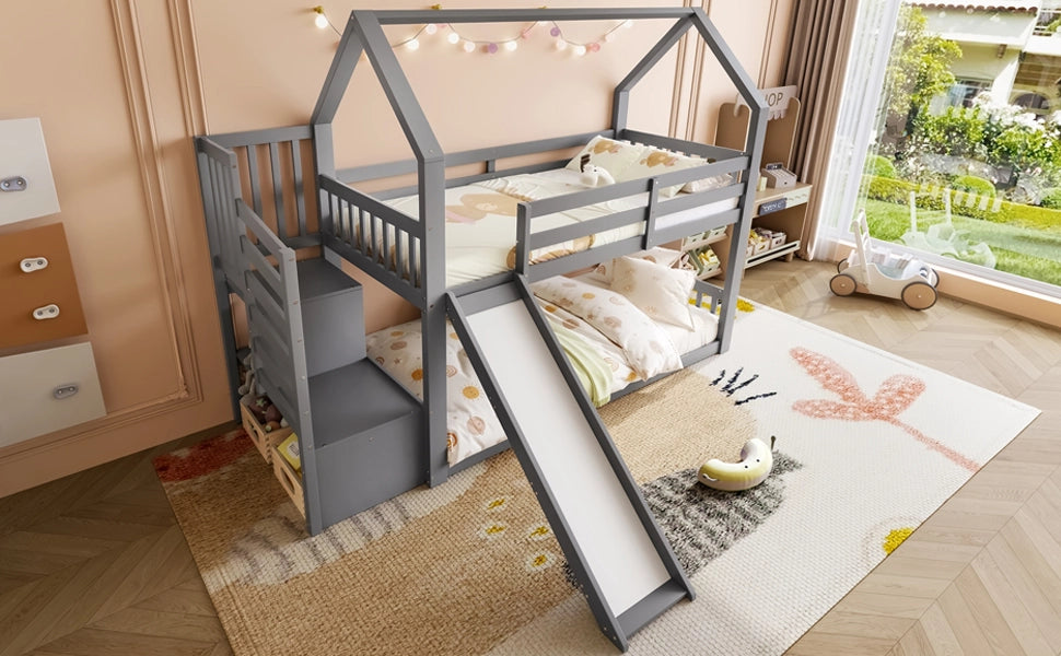 DESMIU Letto a castello 90 × 200 cm 2 posti con scala contenitore e scivolo, senza materasso, in legno e MDF, grigio