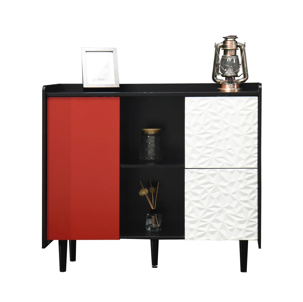 Credenza sideboard in MDF nero e rosso 90x40x80 cm con 2 cassetti e vano aperto