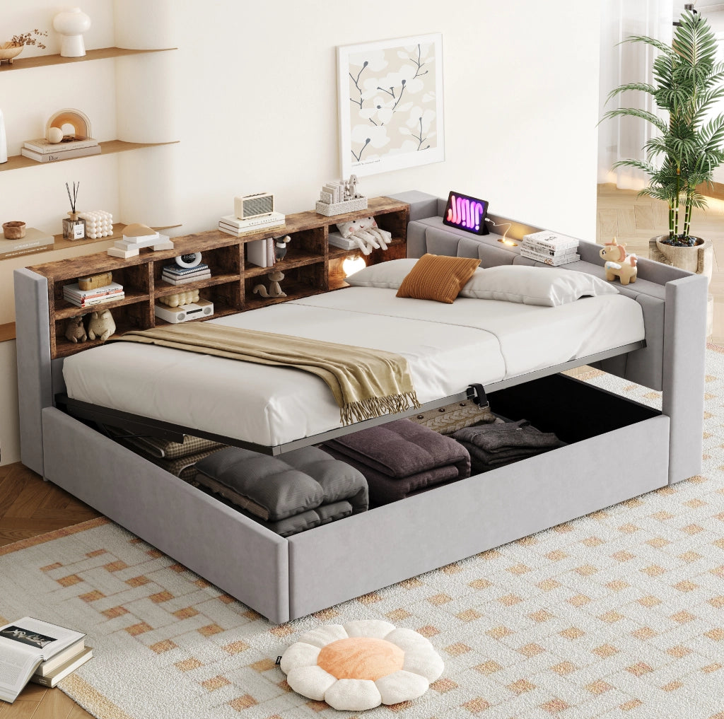 Letto imbottito 140x200 cm con vano contenitore, USB, Type-C e ripiani