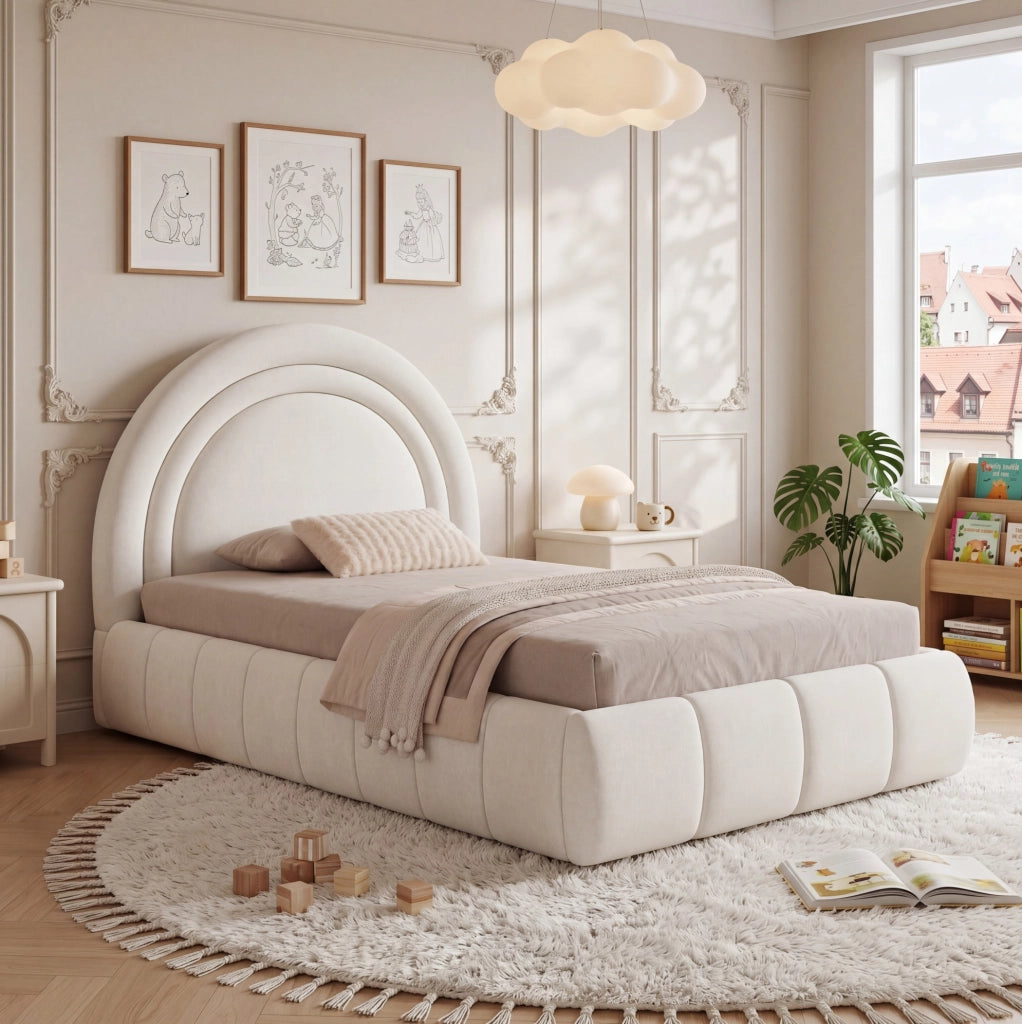 Letto imbottito per bambini 90x200 cm con contenitore idraulico; testiera alta in velluto beige