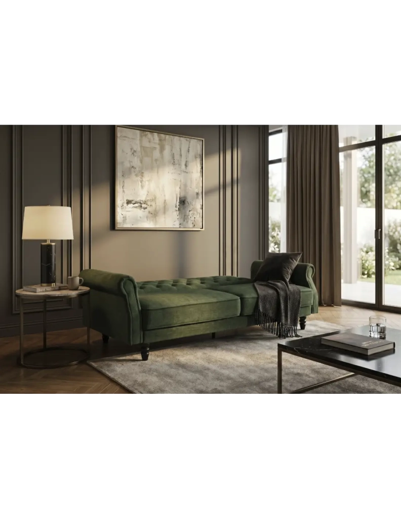 Divano diritto MILES convertibile 3 posti in velluto capitonné - Verde scuro - 220 x 85 x 120 cm