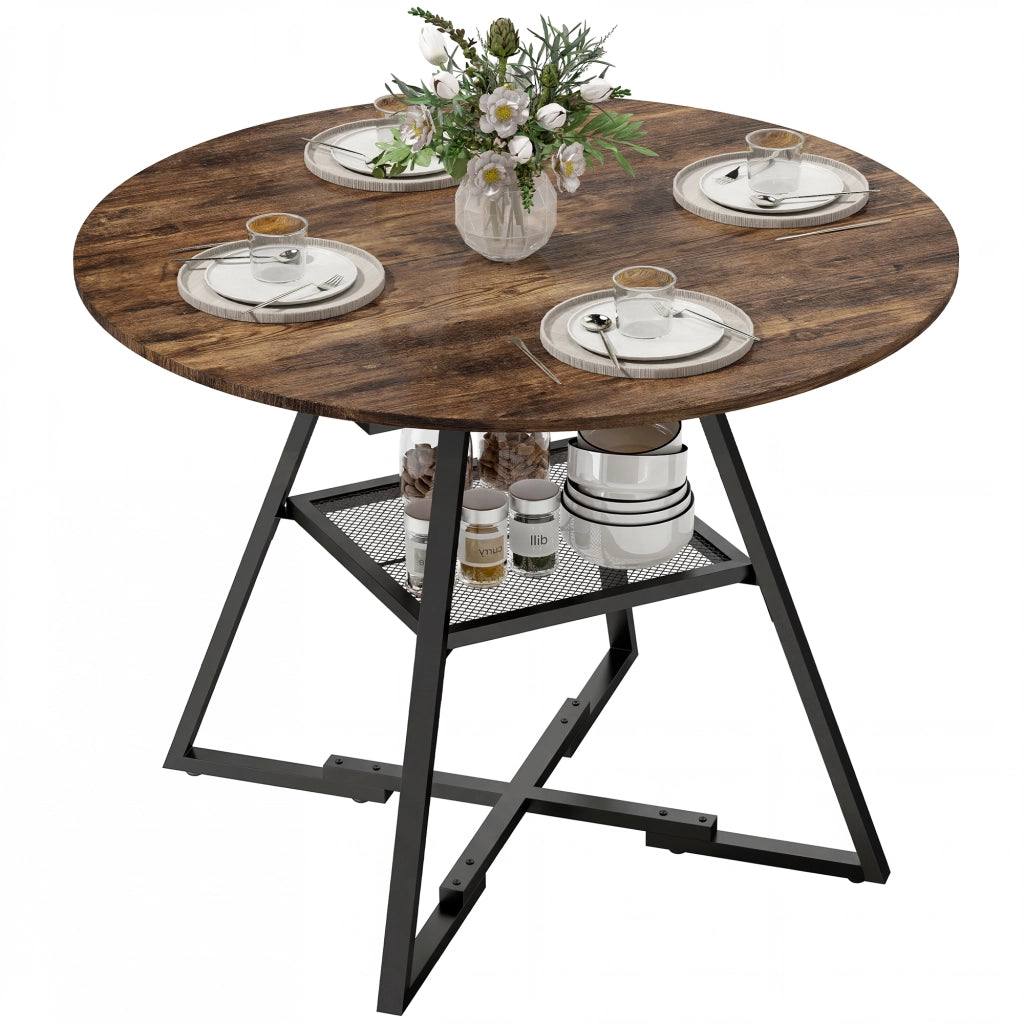 Tavolo da pranzo 4 posti, 100 cm rotondo, cucina industriale, ripiano portaoggetti, marrone rustico.