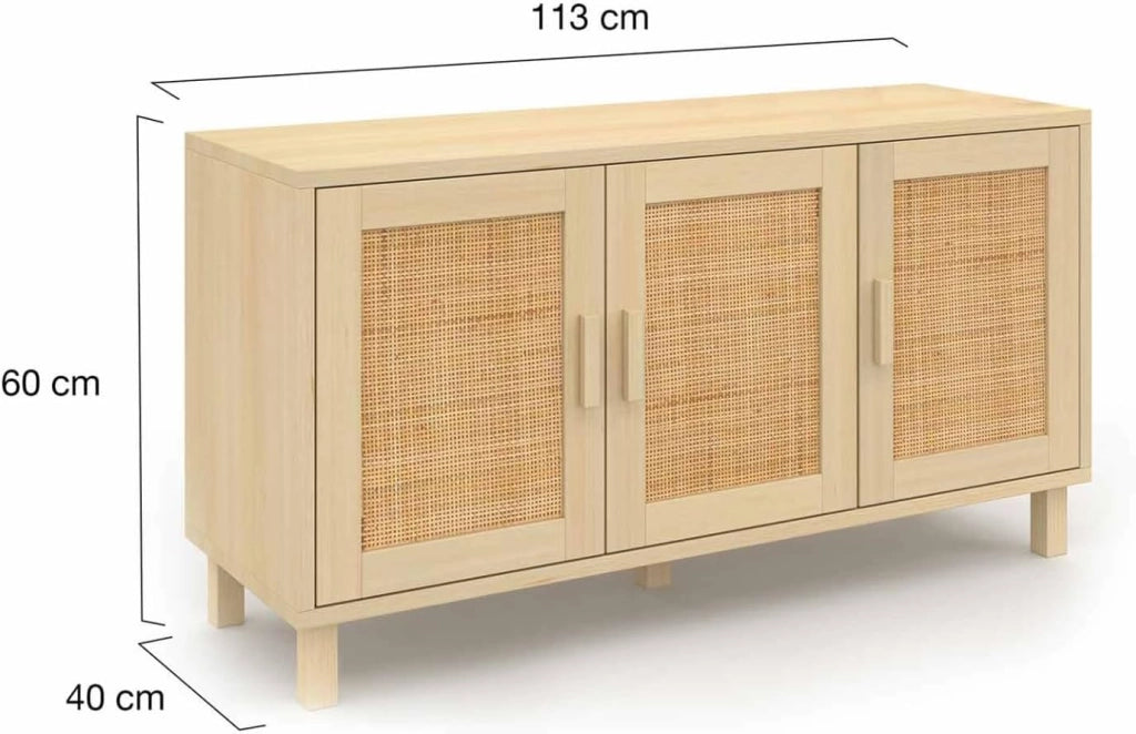 113 cm ELIN Credenza bassa vintage a 3 ante con effetto canna naturale