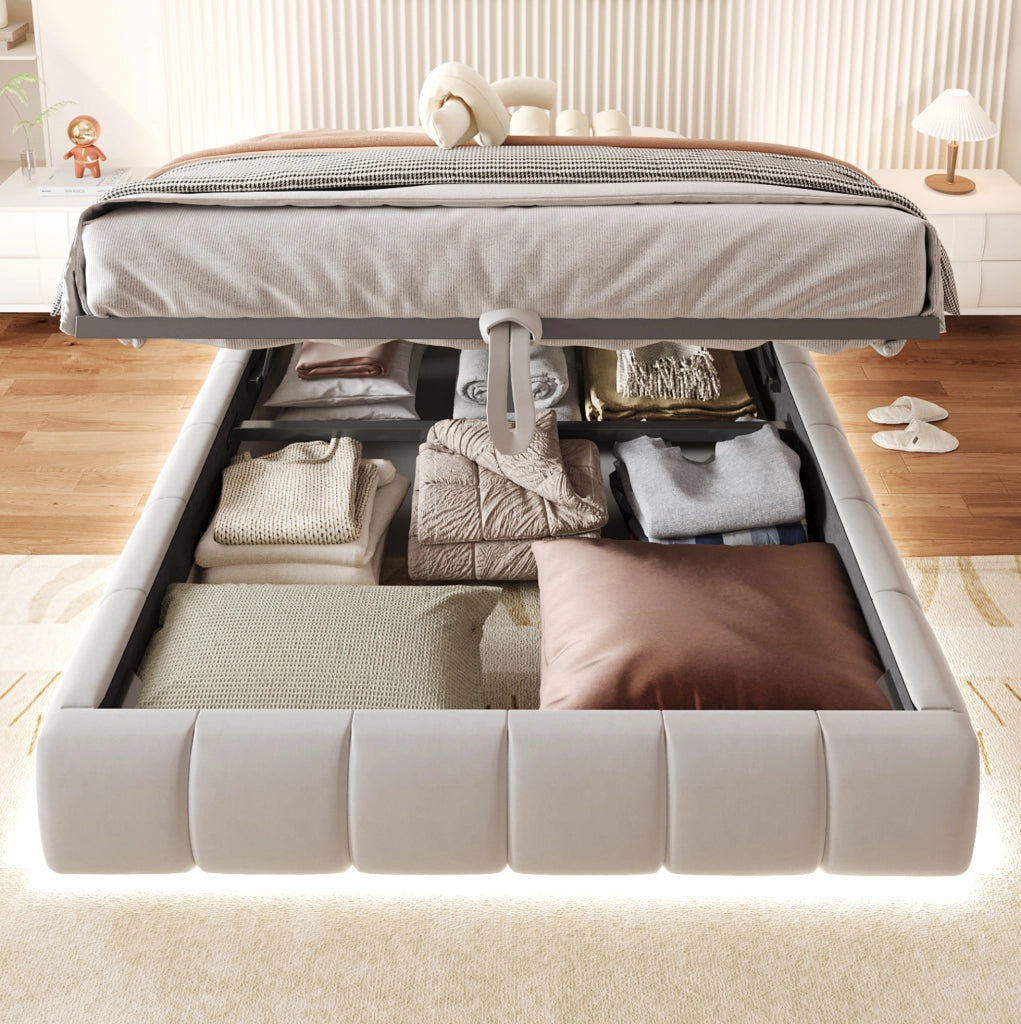 Letto imbottito 140x200 cm beige con contenitore idraulico e LED bianco