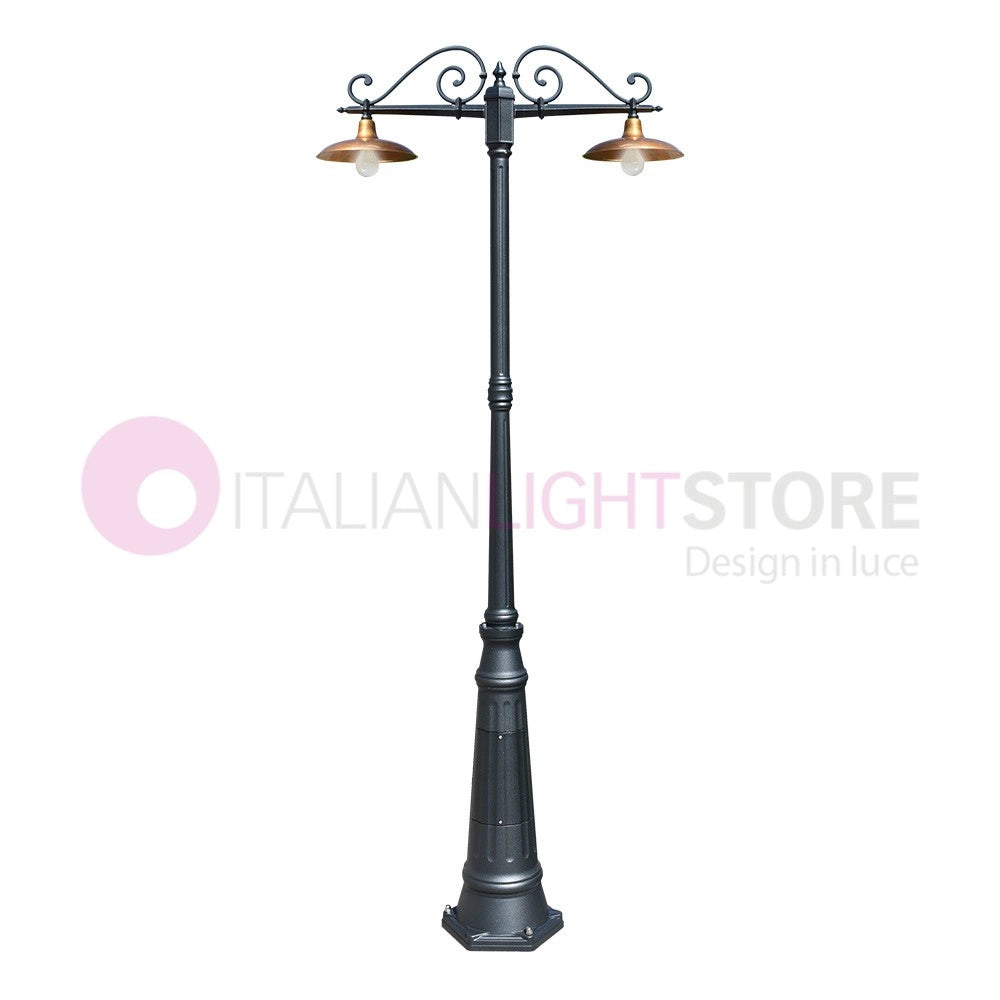NIKE ANTRACITE Lampione da giardino 2 luci con piatti in ottone anticato