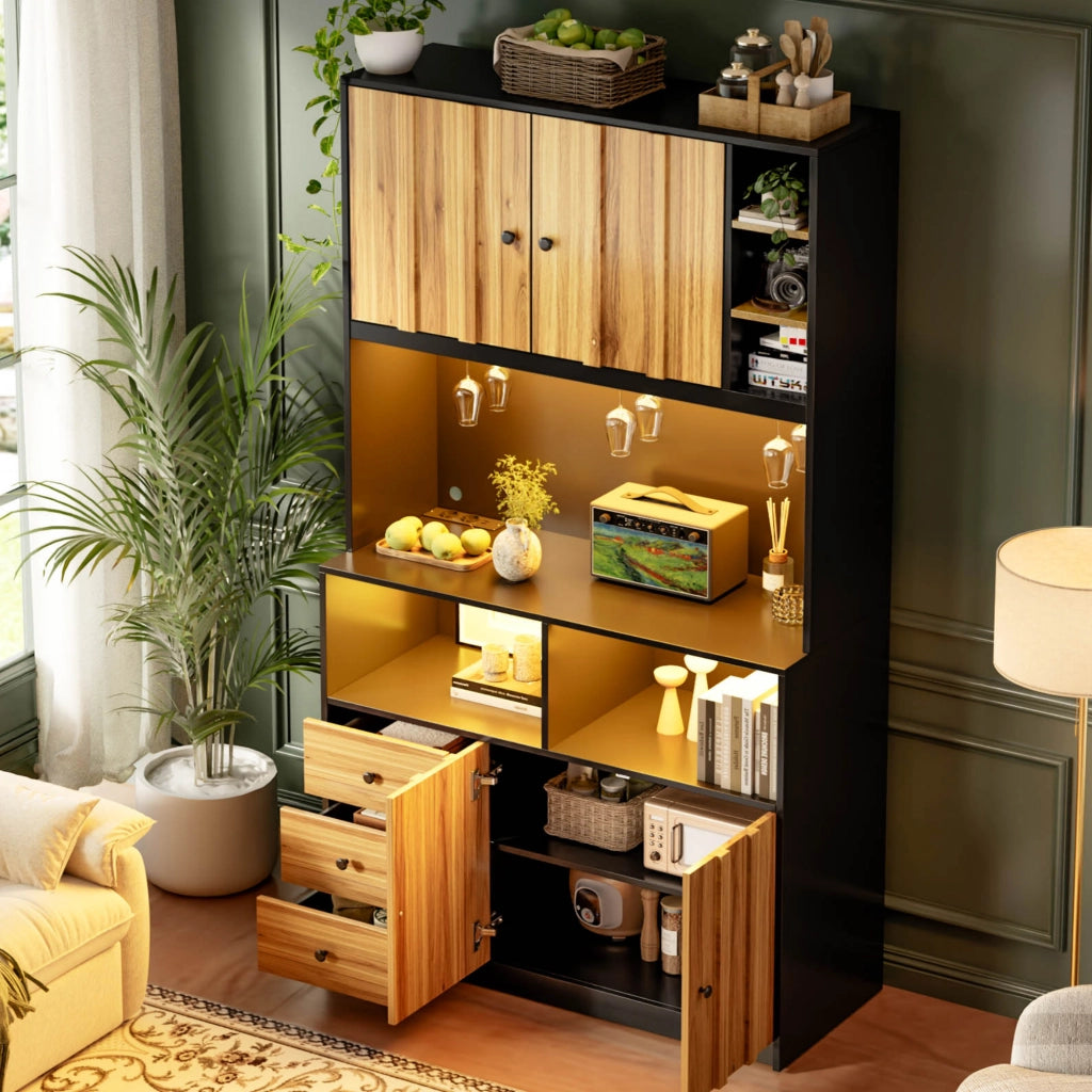 Hochschrank da cucina con vetrina, illuminazione LED RGB, prese integrate e portabicchieri, 100 x 40 x 180 cm