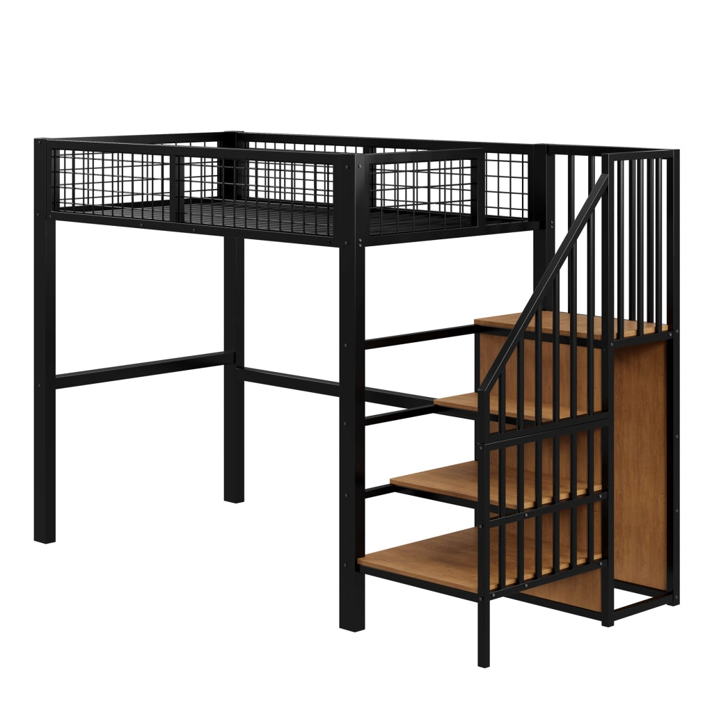 Letto a soppalco 90x200 cm con scala; armadio e ripiani in metallo e MDF; nero