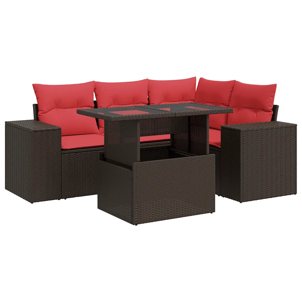Set Divano da Giardino 5 pz Cuscini Marrone Polyrattan e Acacia 3326795