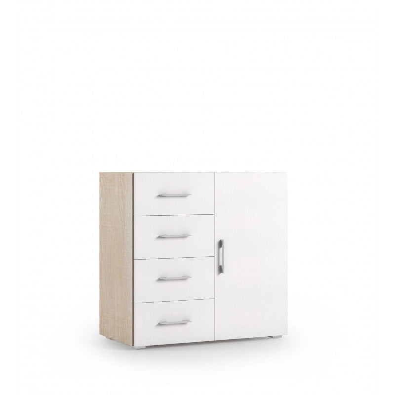 Mobile multiuso 4 cassetti con anta e piano vassoio rovere con frontali bianchi 90x41x87 cm - Terraneo