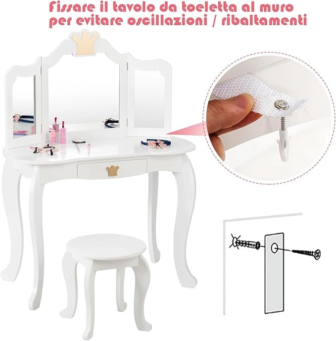 Toeletta Trucco per Bambina Staccabile, Specchiera per Ragazza in Legno con Sgabello e Cassetto, Postazione Trucco 2 in 1 per Cameretta e Cmera da Letto, 80x42x105cm (Bianco)