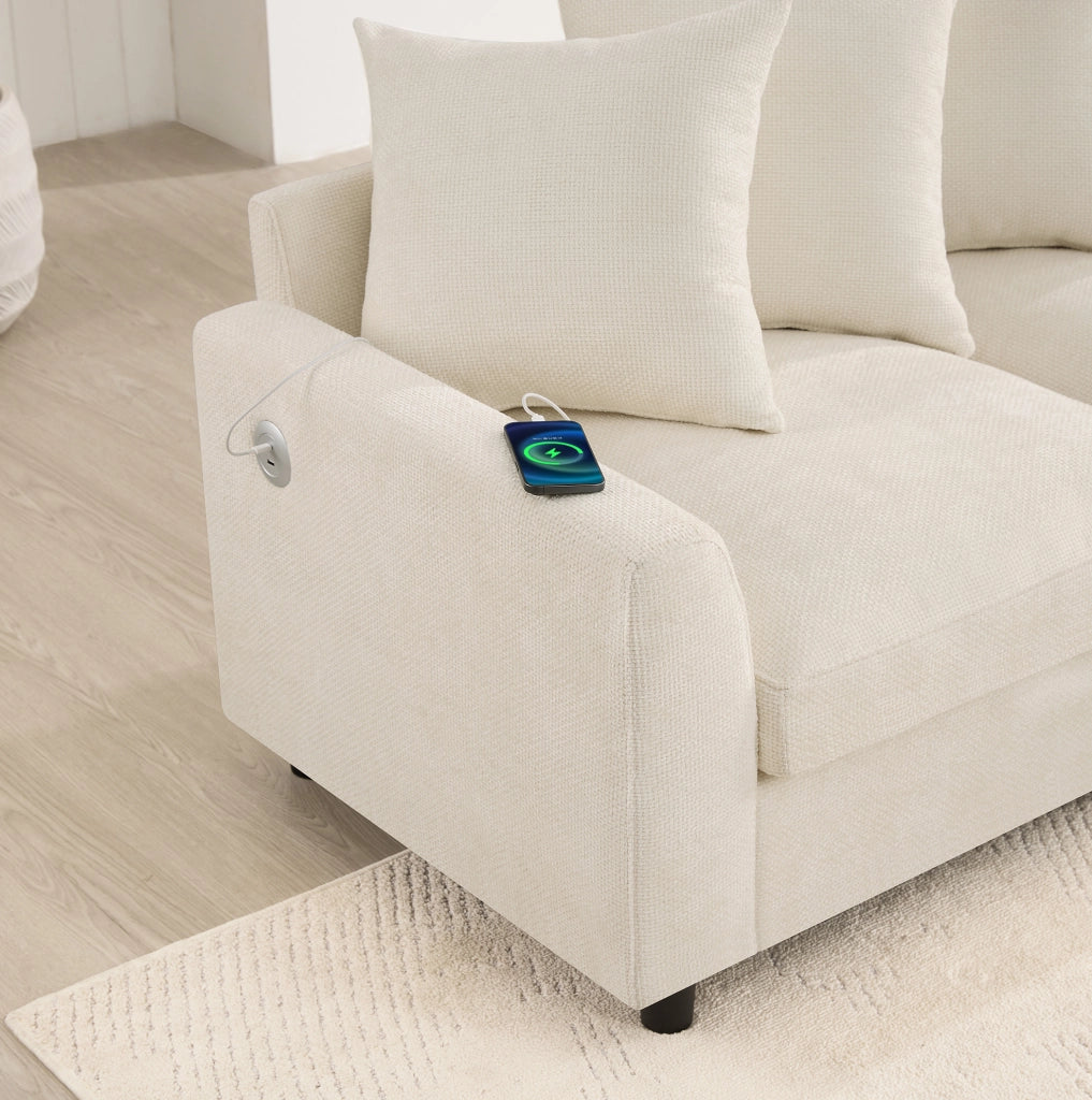 Divano angolare modulare 6 posti a U/L con 2 pouf; USB e Type-C; ciniglia beige