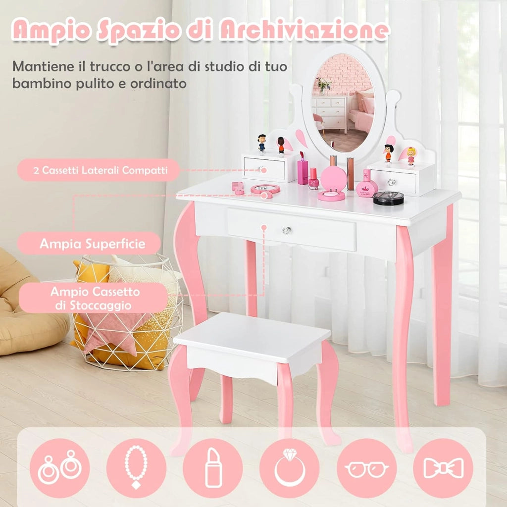 Toeletta Trucco 2 in 1 per Bambina, Specchiera Staccabile per Ragazza in Legno con Sgabello, Portapenni, Cassetto e Specchio Girevole a 360°, Postazione Trucco, 70 x 34 x 105cm (Bianco)