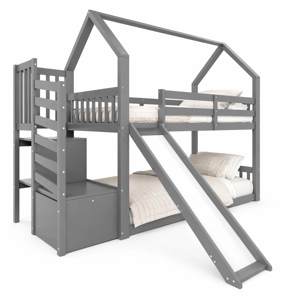 Letto a castello 90x200 cm con scala contenitore e scivolo grigio