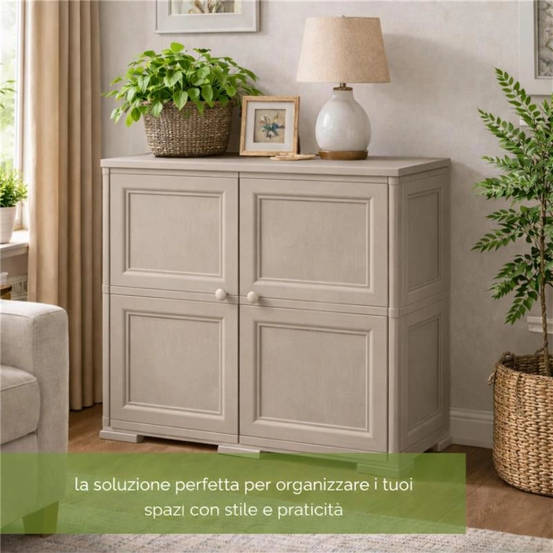 ARMADIO 2 ANTE TAUPE 79X43X85,5 CM CON 4 SCOMPARTI – MOBILE CONTENITORE COMPATTO PER ZONA GIORNO E INGRESSO
