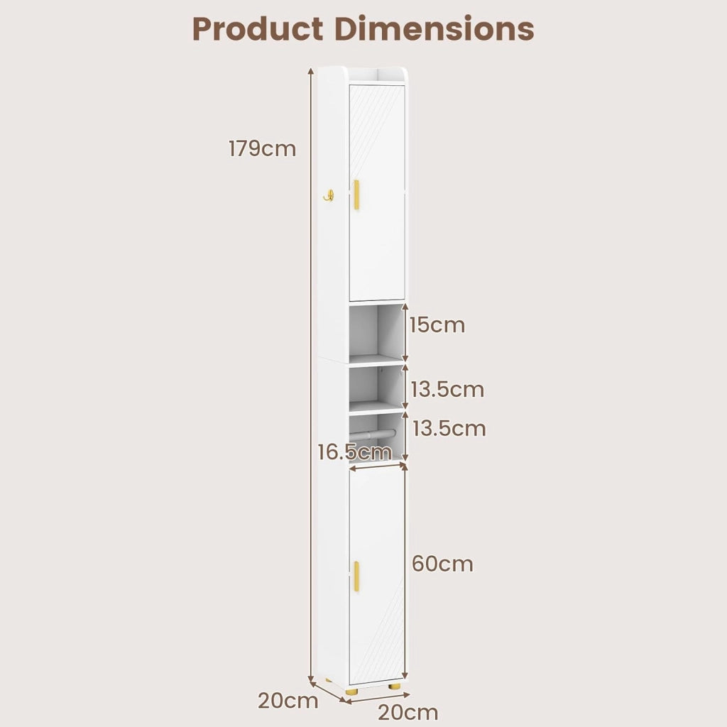 Armadietto da bagno da 179 cm, con 2 ante, 3 ripiani aperti, ganci e porta carta igienica, 20 x 20 cm, per ufficio, cucina e corridoio (3 ripiani, bianco)
