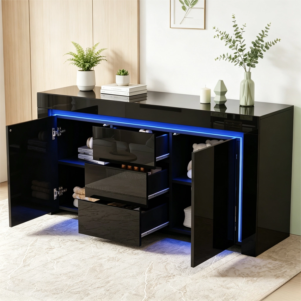 Credenza con 2 ante e 3 cassetti; LED e piano lucido - per soggiorno - 140 x 40 x 65 cm - nera
