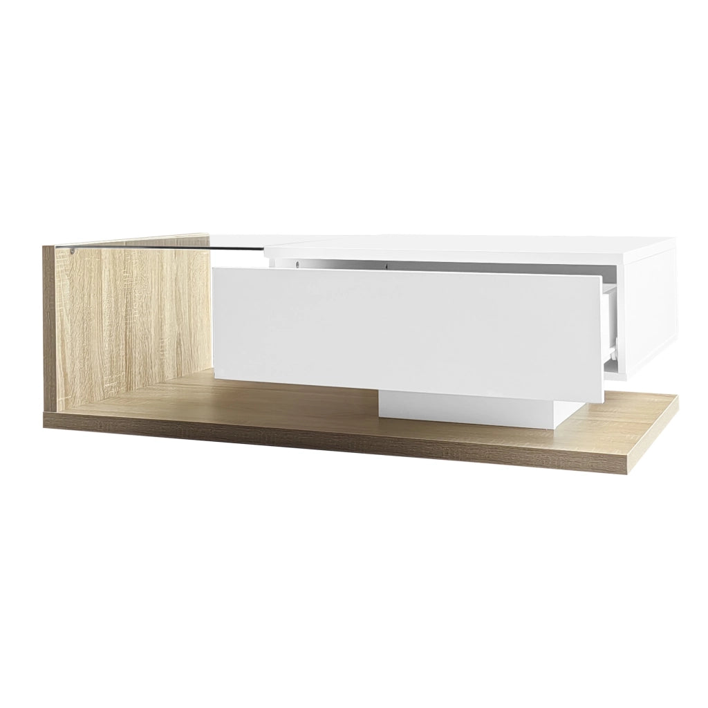 Tavolino da caffè 105x55x32.5 cm; con vano e LED 16 colori; truciolare; bianco lucido e colore naturale