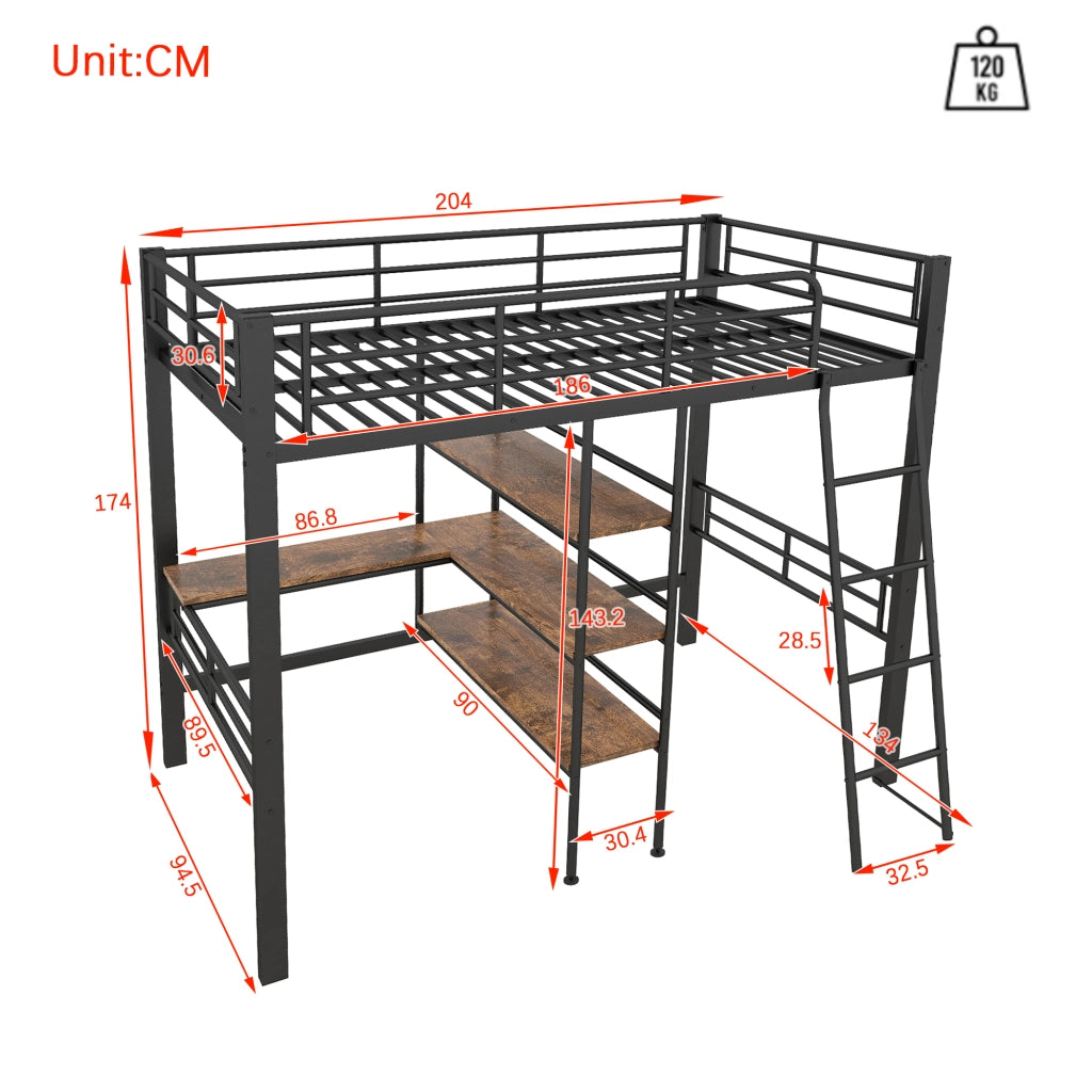 OKWISH Letto a Soppalco 90×200 cm, Letto Singolo con Scrivania, Mensole, Sponda e Scala, senza Materasso, in Metallo, Nero