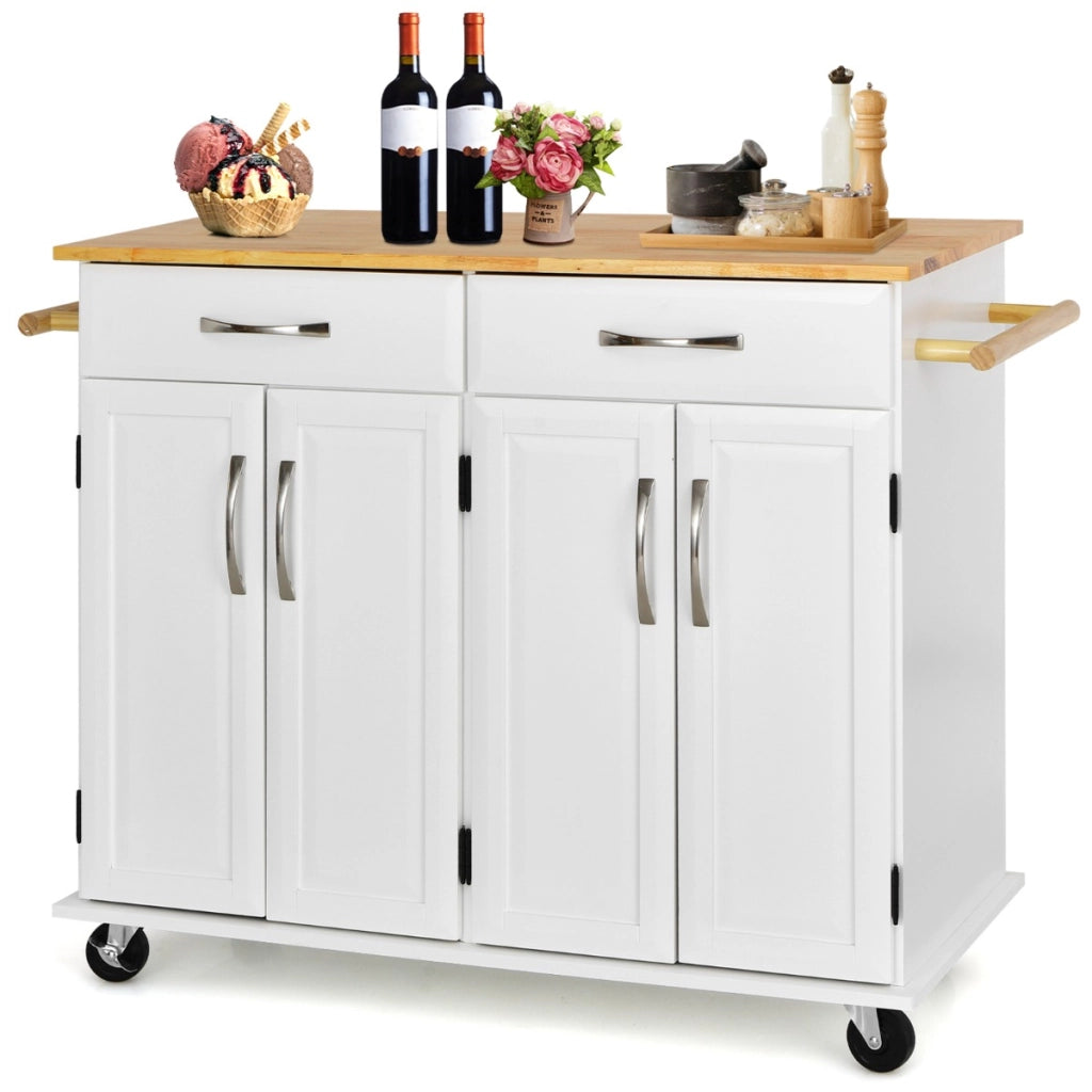 Carrello da cucina con piano di lavoro in legno di gomma 4 ante ripiani regolabili-Scaffale-Carrello porta utensili Bianco