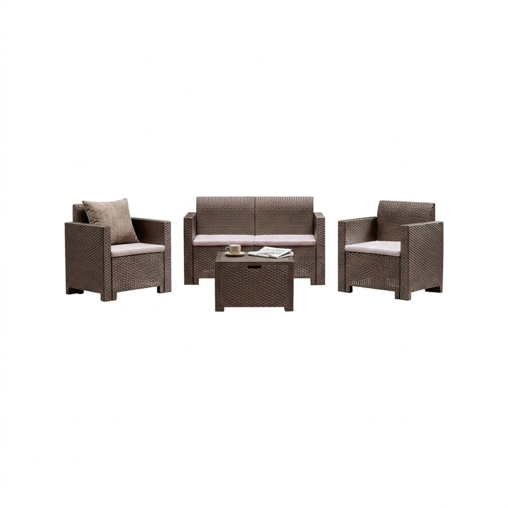 Set salotto da esterno Gazania, Salottino outdoor, Set da balcone o giardino, Composizione soggiorno per esterni, Made in Italy, Tortora