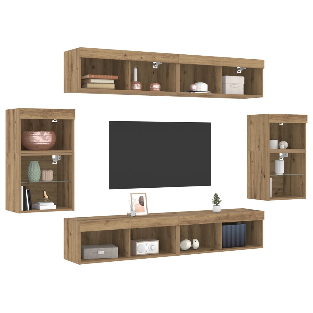 UnitÃ  TV da 8 pezzi con luci LED in legno ingegnerizzato e finitura in rovere artigianale