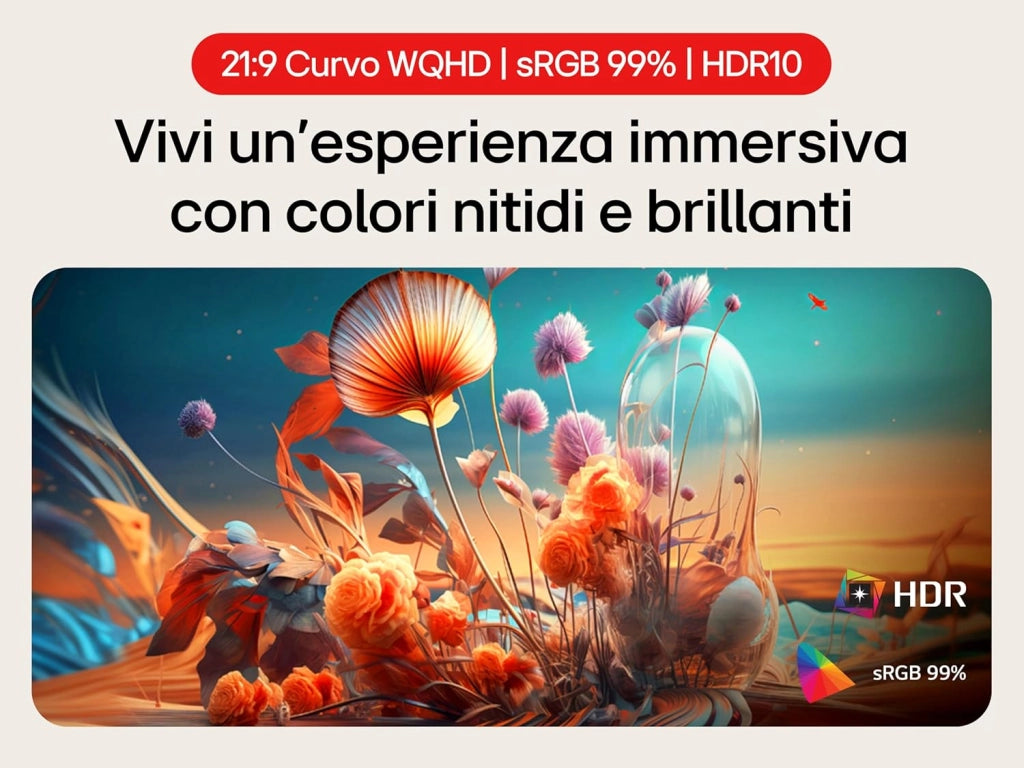 34SR65QC Monitor Smart 34" 21:9 Curvo WQHD (3440x1440) HDR, webOS con app di streaming, Wi-Fi, LAN, Bluetooth, AirPlay, Screen Share, Speaker Stereo 14W, 2x HDMI, 2x USB, 100Hz, Telecomando, Nero