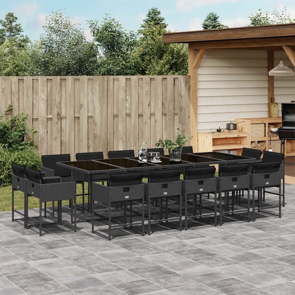 Set da Pranzo da Giardino 15 pz con Cuscini Nero in Polyrattan